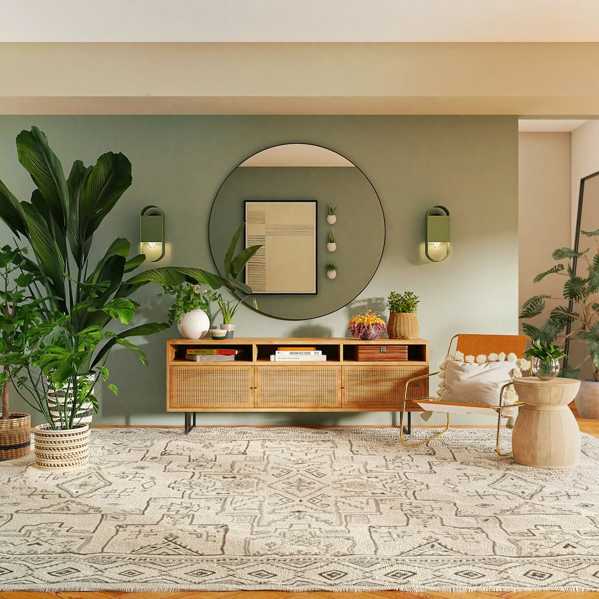 Ambiente de hogar con textiles y decoración neutra